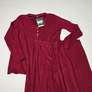 Eddie Bauer Pajama Set Women Large Burgundy Waffle Knit Henley Lounge 2pc NWT